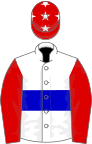 White, blue hoop, red sleeves, red cap, white stars