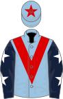 Light blue, red chevron, dark blue sleeves, white stars, light blue cap, red star