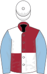 Maroon and white (quartered), light blue sleeves, white cap