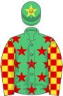 Emerald green, red stars, red and yellow check sleeves, emerald green cap, yellow star