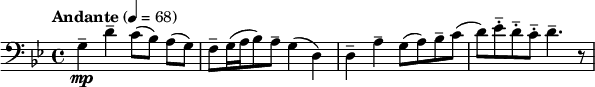  \relative c' { \key g \minor \tempo "Andante" 4=68 \clef bass \time 4/4 g4\mp-- d'-- c8([ bes)] a([ g)] | f--[ g16( a bes8) a--] g4( d) | d-- a'-- g8( a) bes-- c( | d) ees-.-- d-.-- c-.-- d4.-- r8 } 