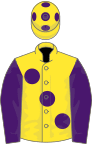 Yellow, large Purple spots, sleeves and spots on cap