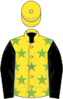 Yellow, light green stars, black sleeves, yellow cap
