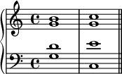  \new PianoStaff << \new Staff << \new Voice \relative c'' { \stemUp \clef treble \key c \major \time 4/4 b1 c } \new Voice \relative c'' { \stemDown g1 g } >> \new Staff << \new Voice \relative c' { \stemUp \clef bass \key c \major \time 4/4 d1 e } \new Voice \relative c' { \stemDown g1 c, \bar "||" } >> >> 