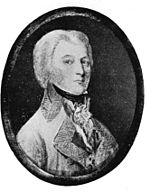 Black and white oval print of a serious young man in a white military coat with wide lapels. His hair comes down to his collar.