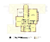 Hills House Second Floor Plan 1977. Walls, doors, and windows which were not built in the same location as before the fire are marked in bold.