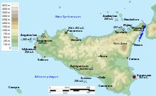 A relief map of Sicily showing the main cities at the time of the First Punic War