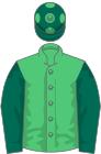 Emerald green, dark green sleeves, dark green cap, emerald green spots