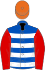 Royal blue and white hoops, red sleeves, orange cap