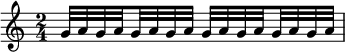  { \relative c'' { \time 2/4 g32[ a g \set stemRightBeamCount = #1 a \set stemLeftBeamCount = #1 g a g a] g32[ a g \set stemRightBeamCount = #1 a \set stemLeftBeamCount = #1 g a g a] } } 
