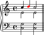  \new PianoStaff << \new Staff << \new Voice \relative c'' { \clef treble \key c \major \time 4/4 \stemUp c4 \once \override NoteHead.color = #red d c2 } \new Voice \relative c' { \stemDown e2 e } >> \new Staff << \relative c { \clef bass \key c \major \time 4/4 <c g'>2 <c g'> \bar "||" } >> >> 