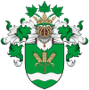 A shield depicting three ears of grain above a wavy stream