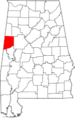 Map of Alabama highlighting Pickens County