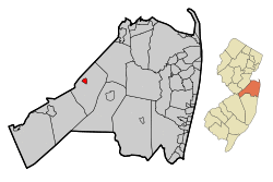 Map of Englishtown in Monmouth County. Inset: Location of Monmouth County highlighted in the State of New Jersey.