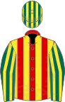 Red and yellow stripes, dark green and yellow striped sleeves and cap