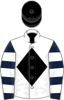 White, Black diamond, Dark Blue and White hooped sleeves, Black cap