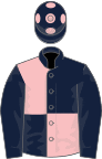 Dark blue and pink (quartered), blue sleeves, blue cap, pink spots