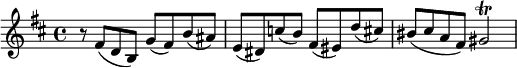  { \relative c' { \set Score.tempoHideNote = ##t \tempo 4 = 96 \time 4/4 \key b \minor r8 fis( d b) g'( fis) b( ais) e( dis) c'( b) fis( eis) d'( cis!) bis( cis( a fis) gis2\trill } } 