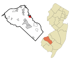 Map of Turnersville highlighted within Gloucester County. Right: Location of Gloucester County in New Jersey.