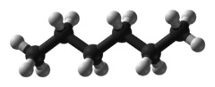 The 3d ball representation of hexane, with carbon (black) and hydrogen (white) shown explicitly.