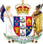 A quartered shield, flanked by two figures, topped with a crown.