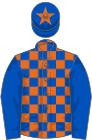 Orange and royal blue check, royal blue sleeves, royal blue cap, orange star