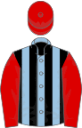 Light blue and black stripes, red sleeves and cap