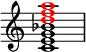  { \override Score.TimeSignature #'stencil = ##f \new Staff << \new Voice \relative c' { \clef treble \time 4/4 \key c \major \voiceOne <c e g bes>1 } \new Voice \relative c'' { \clef treble \time 4/4 \key c \major \voiceOne \override NoteHead.color = #red <d f a>1 } >> } 
