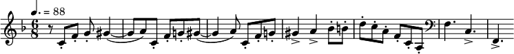 \relative c' { \clef treble \key f \major \tempo 4.=88 \time 6/8 r8 c-. f-. g-. gis4~( | gis8 a) c,-. f-. g!-. gis~( | gis4 a8) c,-. f-. g!-. | gis4-> a-> bes8-. b-. | d-. c-. a-. f-. c-. a-. | \clef bass f4. c-> | f,-> }