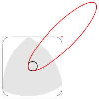Reuleaux triangle in a square, with ellipse governing the path of motion of the triangle center