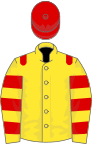 Yellow, red epaulets, hooped sleeves, red cap