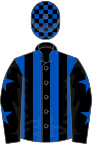 Black and royal blue stripes, black sleeves, royal blue stars, check cap