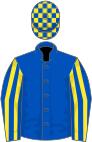 Royal blue, yellow striped slvs, check cap