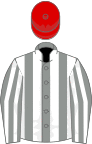 Grey and white stripes, red cap