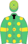 Emerald green, yellow spots and armlets, hooped cap