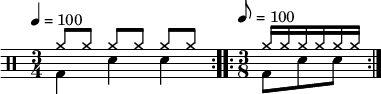  \new Staff << \new voice \relative c' { \clef percussion \time 3/4 \tempo 4 = 100 \stemDown \repeat volta 2 { g4 d' d } \time 3/8 \tempo 8 = 100 \stemDown \repeat volta 2 { g,8 d' d } } \new voice \relative c'' { \override NoteHead.style = #'cross \stemUp \repeat volta 2 { a8[ a] a[ a] a[ a] } \stemUp \repeat volta 2 { a16 a a a a a } } >> 