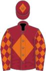 Maroon, orange diamond, diamonds on sleeves, maroon cap, orange diamond