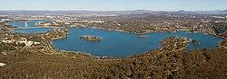 Panorama of Lake Burley Griffin from high elevation
