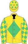 Yellow, emerald green diamond, yellow sleeves, emerald green diamonds and diamonds on cap