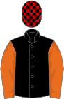 Black, orange sleeves, black and red check cap