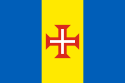 Blue-gold-blue vertical triband with a red-bordered white Cross of Christ.