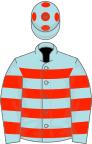 Powder blue and scarlet hoops, powder blue cap with scarlet spots