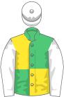 Emerald green and yellow quartered, white sleeves and cap