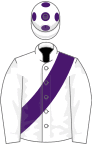 WHITE, purple sash, white cap, purple spots