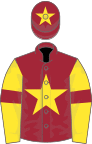 Maroon, yellow star on body and cap, yellow sleeves, maroon armlets