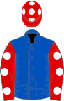 Royal blue, red sleeves, white spots, red cap, white spots