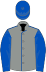 Grey, royal blue seams, sleeves and cap