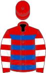 Red, royal blue hoops, red and white hooped sleeves, red cap