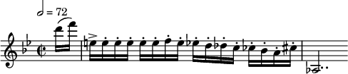  \relative c'' { \clef treble \time 2/2 \key bes \major \tempo 2 = 72 \partial 8*1 d'16( f) | e,->[ e-. e-. e-.] e-.[ e-. f-. e-.] ees-.[ d-. des-. c-.] ces-.[ bes-. a-. cis-.] | aes,2.. } 