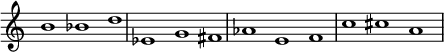  { \override Score.TimeSignature #'stencil = ##f \override Score.SpacingSpanner.strict-note-spacing = ##t \set Score.proportionalNotationDuration = #(ly:make-moment 3/2) \relative c'' { \time 3/1 \set Score.tempoHideNote = ##t \tempo 1 = 60 b1 bes d es, g fis aes e f c' cis a } } 